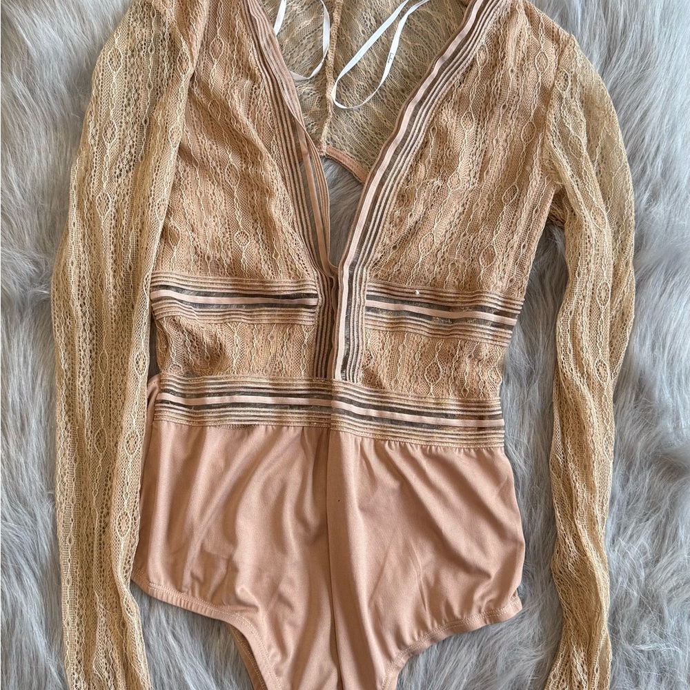 Lulu’s Lace Long Sleeve lingerie One Piece - Beige